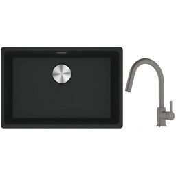 Franke Maris MRG 110-52 zlewozmywak 52x40 cm Fragranite czarny mat z baterią kuchenną Lina kamienny szary (1250687252, 1150626057)