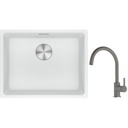Franke Maris MRG 110-52 zlewozmywak 52x40 cm Fragranite biały polarny z baterią kuchenną Lina kamienny szary (1250687255, 1150626022)