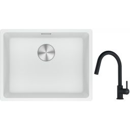 Franke Maris MRG 110-52 zlewozmywak 52x40 cm Fragranite biały polarny z baterią kuchenną Lina czarny mat (1250687255, 1150626053)
