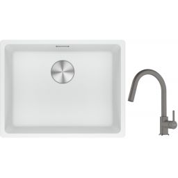 Franke Maris MRG 110-52 zlewozmywak 52x40 cm Fragranite biały polarny z baterią kuchenną Lina kamienny szary (1250687255, 1150626057)