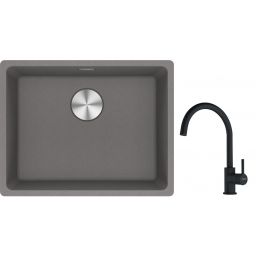 Franke Maris MRG 110-52 zlewozmywak 55x43 cm Fragranite kamienny szary z baterią kuchenną Lina czarny mat (1250687254, 1150626019)