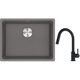 Franke Maris MRG 110-52 zlewozmywak 55x43 cm Fragranite kamienny szary z baterią kuchenną Lina czarny mat (1250687254, 1150626053)