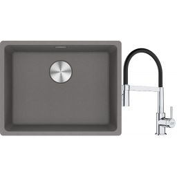 Franke Maris MRG 110-52 zlewozmywak 55x43 cm Fragranite kamienny szary z baterią kuchenną Lina chrom/czarny (1250687254, 1150626085)