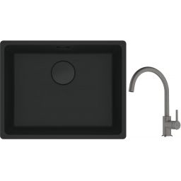 Franke Maris MRG 110-52 zlewozmywak 52x40 cm Fragranite czarny mat z baterią kuchenną Lina kamienny szary (1250697759, 1150626022)