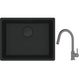 Franke Maris MRG 110-52 zlewozmywak 52x40 cm Fragranite czarny mat z baterią kuchenną Lina kamienny szary (1250697759, 1150626057)