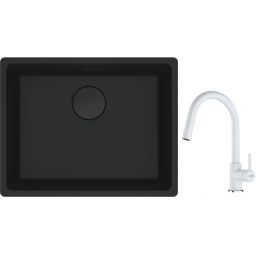 Franke Maris MRG 110-52 zlewozmywak 52x40 cm Fragranite czarny mat z baterią kuchenną Lina biały polarny (1250697759, 1150626081)