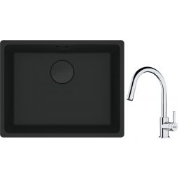 Franke Maris MRG 110-52 zlewozmywak 52x40 cm Fragranite czarny mat z baterią kuchenną Lina chrom (1250697759, 1150693228)