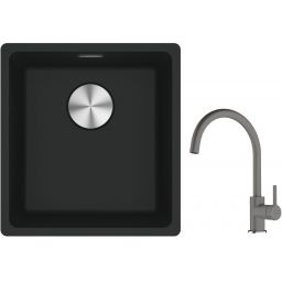 Franke Maris MRG 110-37 zlewozmywak 40x37 cm Fragranite czarny mat z baterią kuchenną Lina kamienny szary (1250687248, 1150626022)