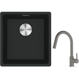 Franke Maris MRG 110-37 zlewozmywak 40x37 cm Fragranite czarny mat z baterią kuchenną Lina kamienny szary (1250687248, 1150626057)