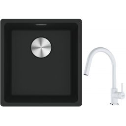 Franke Maris MRG 110-37 zlewozmywak 40x37 cm Fragranite czarny mat z baterią kuchenną Lina biały polarny (1250687248, 1150626081)