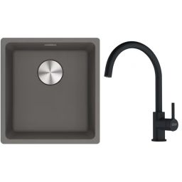 Franke Maris MRG 110-37 zlewozmywak 40x37 cm Fragranite kamienny szary z baterią kuchenną Lina onyx (1250687250, 1150626020)