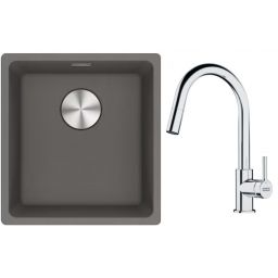 Franke Maris MRG 110-37 zlewozmywak 40x37 cm Fragranite kamienny szary z baterią kuchenną Lina chrom (1250687250, 1150693229)