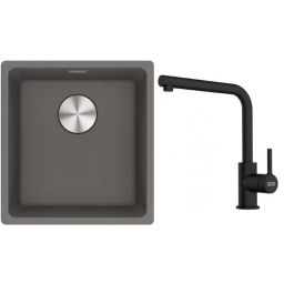 Franke Maris MRG 110-37 zlewozmywak 40x37 cm Fragranite kamienny szary z baterią kuchenną Lina czarny mat (1250687250, 1150712435)
