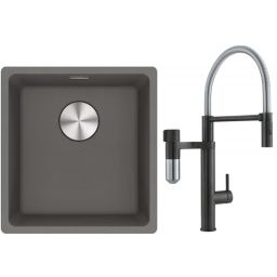 Franke Maris MRG 110-37 zlewozmywak 40x37 cm Fragranite kamienny szary z baterią kuchenną Vital Semi-Pro czarny mat/stal (1250687250, 1200621313)