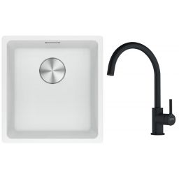 Franke Maris MRG 110-37 zlewozmywak 40x37 cm Fragranite biały polarny z baterią kuchenną Lina czarny mat (1250687251, 1150626019)
