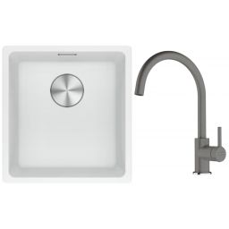 Franke Maris MRG 110-37 zlewozmywak 40x37 cm Fragranite biały polarny z baterią kuchenną Lina kamienny szary (1250687251, 1150626022)