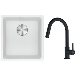 Franke Maris MRG 110-37 zlewozmywak 40x37 cm Fragranite biały polarny z baterią kuchenną Lina czarny mat (1250687251, 1150626053)