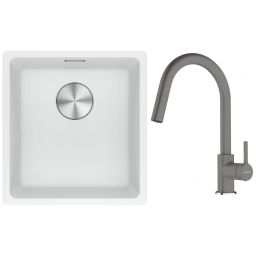 Franke Maris MRG 110-37 zlewozmywak 40x37 cm Fragranite biały polarny z baterią kuchenną Lina kamienny szary (1250687251, 1150626057)