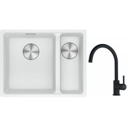 Franke Maris MRG 160-34-15SBR zlewozmywak 52x40 cm Fragranite biały polarny z baterią kuchenną Lina czarny mat (1250687267, 1150626019)