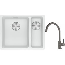 Franke Maris MRG 160-34-15SBR zlewozmywak 52x40 cm Fragranite biały polarny z baterią kuchenną Lina kamienny szary (1250687267, 1150626022)