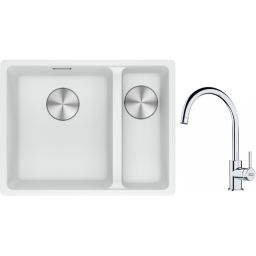 Franke Maris MRG 160-34-15SBR zlewozmywak 52x40 cm Fragranite biały polarny z baterią kuchenną Lina chrom (1250687267, 1150693228)