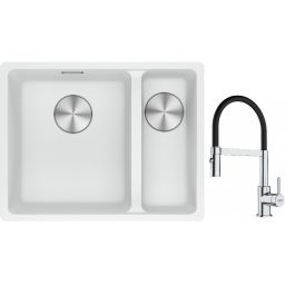 Franke Maris MRG 160-34-15SBR zlewozmywak 52x40 cm Fragranite biały polarny z baterią kuchenną Lina chrom/czarny (1250687267, 1150626085)