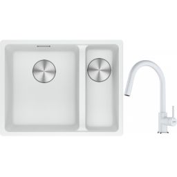 Franke Maris MRG 160-34-15SBR zlewozmywak 52x40 cm Fragranite biały polarny z baterią kuchenną Lina biały polarny (1250687267, 1150626081)