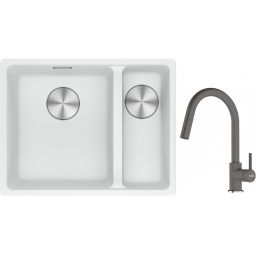 Franke Maris MRG 160-34-15SBR zlewozmywak 52x40 cm Fragranite biały polarny z baterią kuchenną Lina kamienny szary (1250687267, 1150626057)