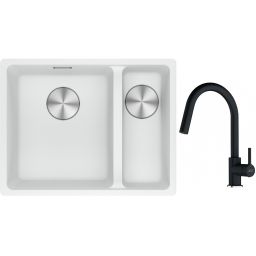Franke Maris MRG 160-34-15SBR zlewozmywak 52x40 cm Fragranite biały polarny z baterią kuchenną Lina onyx (1250687267, 1150626055)