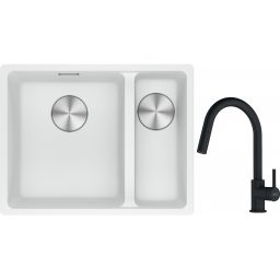 Franke Maris MRG 160-34-15SBR zlewozmywak 52x40 cm Fragranite biały polarny z baterią kuchenną Lina czarny mat (1250687267, 1150626053)