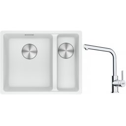 Franke Maris MRG 160-34-15SBR zlewozmywak 52x40 cm Fragranite biały polarny z baterią kuchenną Lina chrom (1250687267, 1150693230)