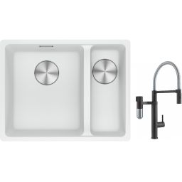 Franke Maris MRG 160-34-15SBR zlewozmywak 52x40 cm Fragranite biały polarny z baterią kuchenną Vital Semi-Pro czarny mat/stal (1250687267, 1200621313)