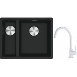 Franke Maris MRG 160-34-15SBL zlewozmywak 52x40 cm Fragranite czarny mat z baterią kuchenną Lina biały polarny (1250687268, 1150626024)