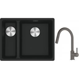 Franke Maris MRG 160-34-15SBL zlewozmywak 52x40 cm Fragranite czarny mat z baterią kuchenną Lina kamienny szary (1250687268, 1150626057)