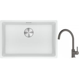 Franke Maris MRG 110-62 zlewozmywak 62x40 cm Fragranite biały polarny z baterią kuchenną Lina kamienny szary (1250687259, 1150626022)
