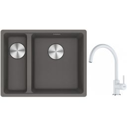 Franke Maris MRG 160-34-15SBL zlewozmywak 52x40 cm Fragranite kamienny szary z baterią kuchenną Lina biały polarny (1250687270, 1150626024)