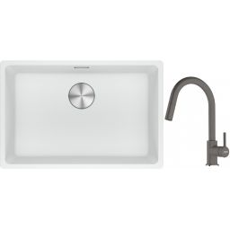 Franke Maris MRG 110-62 zlewozmywak 62x40 cm Fragranite biały polarny z baterią kuchenną Lina kamienny szary (1250687259, 1150626057)