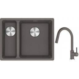 Franke Maris MRG 160-34-15SBL zlewozmywak 52x40 cm Fragranite kamienny szary z baterią kuchenną Lina kamienny szary (1250687270, 1150626057)