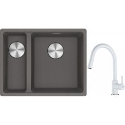 Franke Maris MRG 160-34-15SBL zlewozmywak 52x40 cm Fragranite kamienny szary z baterią kuchenną Lina biały polarny (1250687270, 1150626081)