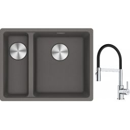 Franke Maris MRG 160-34-15SBL zlewozmywak 52x40 cm Fragranite kamienny szary z baterią kuchenną Lina chrom/czarny (1250687270, 1150626085)