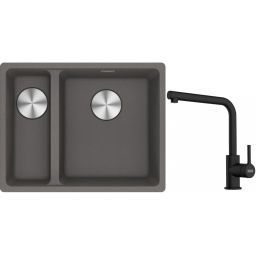 Franke Maris MRG 160-34-15SBL zlewozmywak 52x40 cm Fragranite kamienny szary z baterią kuchenną Lina czarny mat (1250687270, 1150712435)