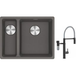 Franke Maris MRG 160-34-15SBL zlewozmywak 52x40 cm Fragranite kamienny szary z baterią kuchenną Vital Semi-Pro czarny mat/stal (1250687270, 1200621313)