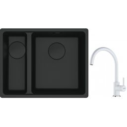 Franke Maris MRG 160-34-15SBL zlewozmywak 52x40 cm Fragranite czarny mat  z baterią kuchenną Lina biały polarny (1250697756, 1150626024)