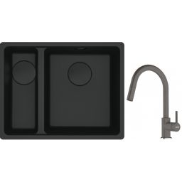 Franke Maris MRG 160-34-15SBL zlewozmywak 52x40 cm Fragranite czarny mat  z baterią kuchenną Lina kamienny szary (1250697756, 1150626057)