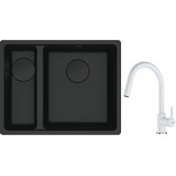 Franke Maris MRG 160-34-15SBL zlewozmywak 52x40 cm Fragranite czarny mat  z baterią kuchenną Lina biały polarny (1250697756, 1150626081)