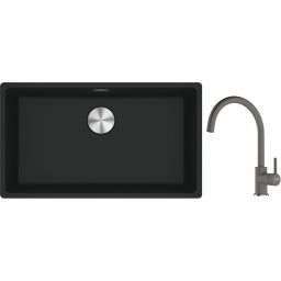 Franke Maris MRG 110-72 zlewozmywak 72x40 cm Fragranite czarny mat z baterią kuchenną Lina kamienny szary (1250687260, 1150626022)