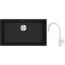 Franke Maris MRG 110-72 zlewozmywak 72x40 cm Fragranite czarny mat z baterią kuchenną Lina biały polarny (1250687260, 1150626024)