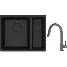 Franke Maris MRG 160-34-15SBR zlewozmywak 52x40 cm Fragranite czarny mat z baterią kuchenną Lina kamienny szary (1250697755, 1150626057)