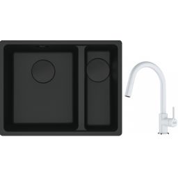 Franke Maris MRG 160-34-15SBR zlewozmywak 52x40 cm Fragranite czarny mat z baterią kuchenną Lina biały polarny (1250697755, 1150626081)