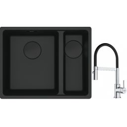 Franke Maris MRG 160-34-15SBR zlewozmywak 52x40 cm Fragranite czarny mat z baterią kuchenną Lina chrom/czarny (1250697755, 1150626085)